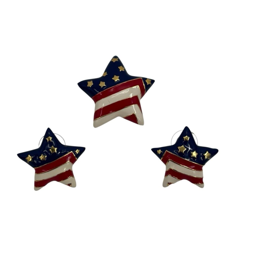 Vintage Star Enamel Pin Brooch Post Earring Set Patriotic USA July 4th Americana